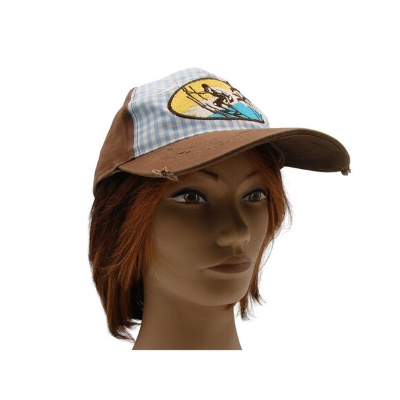 Surfer Logo Blue Checker Brown Hat Beach Island Ocean Surf Sun Distressed OSFM - Picture 9 of 12